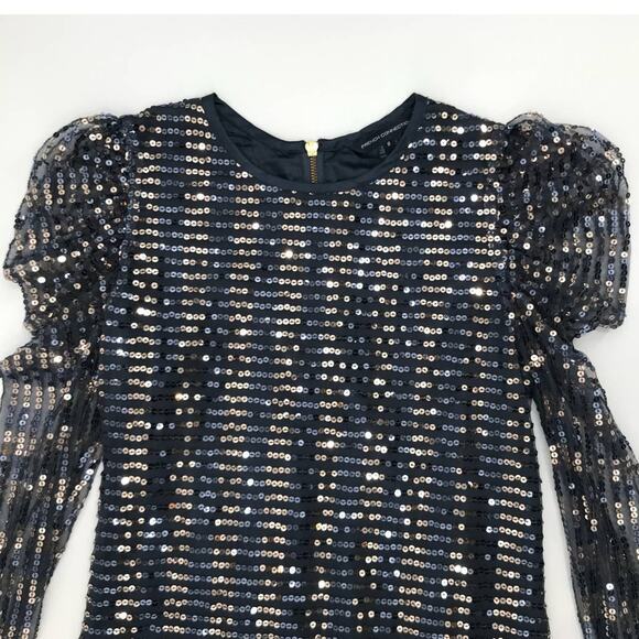 French Connection Blue Gold Sequins Sheer Sleeve Party Cocktail Dress Size 8 - Picture 2 of 9